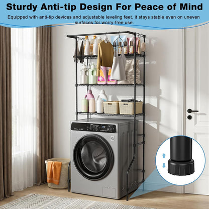 3 Tier Over Washer Dryer Storage Shelf, Carbon Steel Adjustable Height Laundry Organizer with Hooks Hanging Rod Anti-Tip for Laundry Room Black