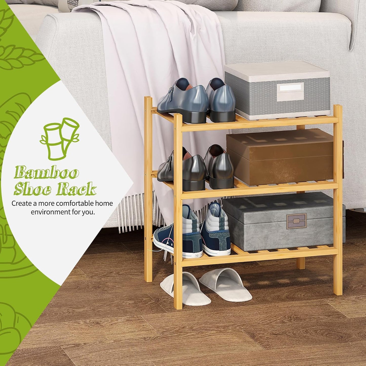 BMOSU 2-Tier Bamboo Small Shoe Rack Premium Stackable Shoe Shelf Storage Organizer for Hallway Closet Living Room Entryway Organizer (Black Bamboo)