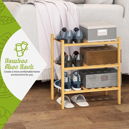 BMOSU 2-Tier Bamboo Small Shoe Rack Premium Stackable Shoe Shelf Storage Organizer for Hallway Closet Living Room Entryway Organizer (Black Bamboo)