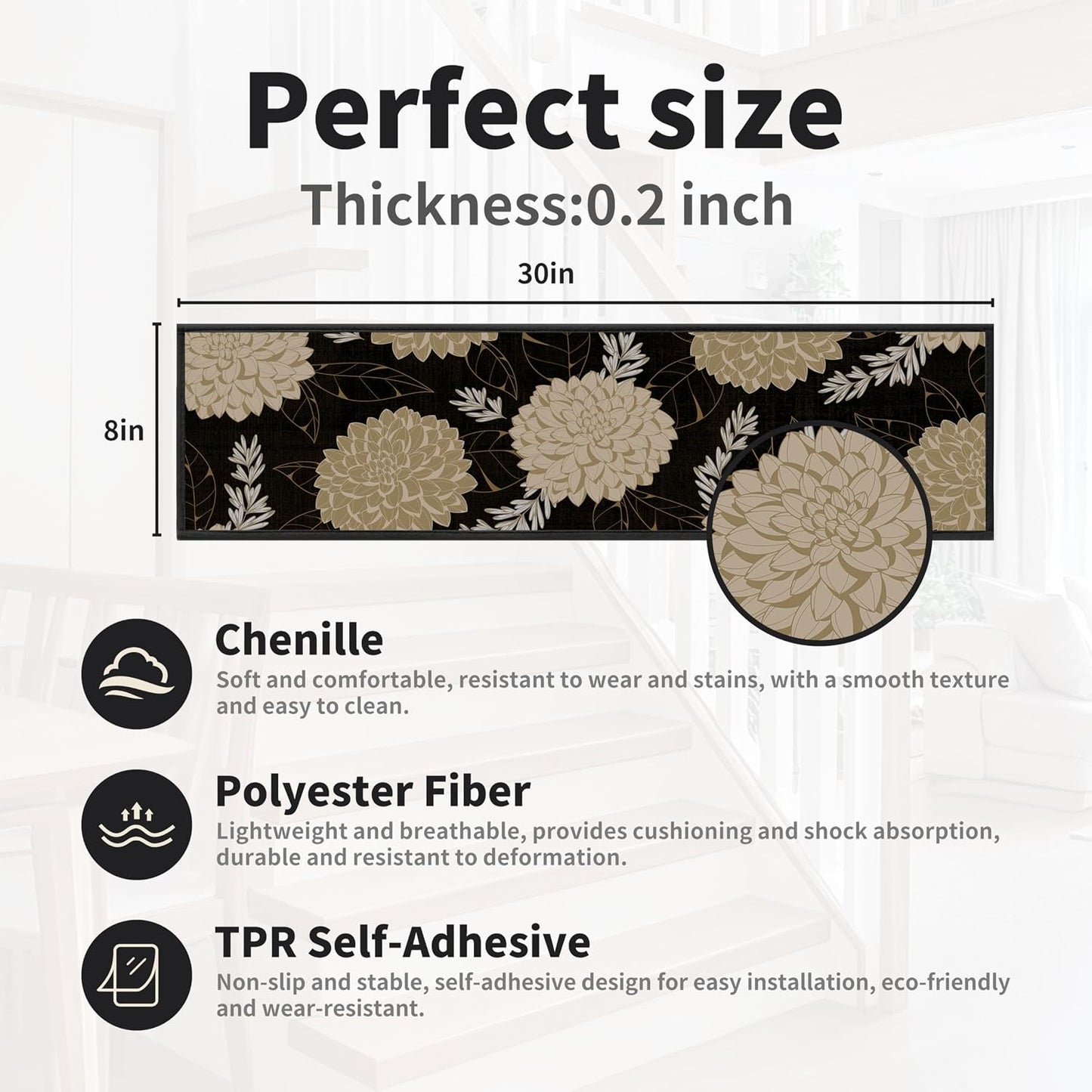 Non-Slip Carpet Stair Treads 15PCS, 8"x30" Peel and Stick Stair Runner for Wooden Steps Indoor, Washable Reusable Adhesive Backing, Pet-Friendly Safety Mats for Kids, Elders, Dogs