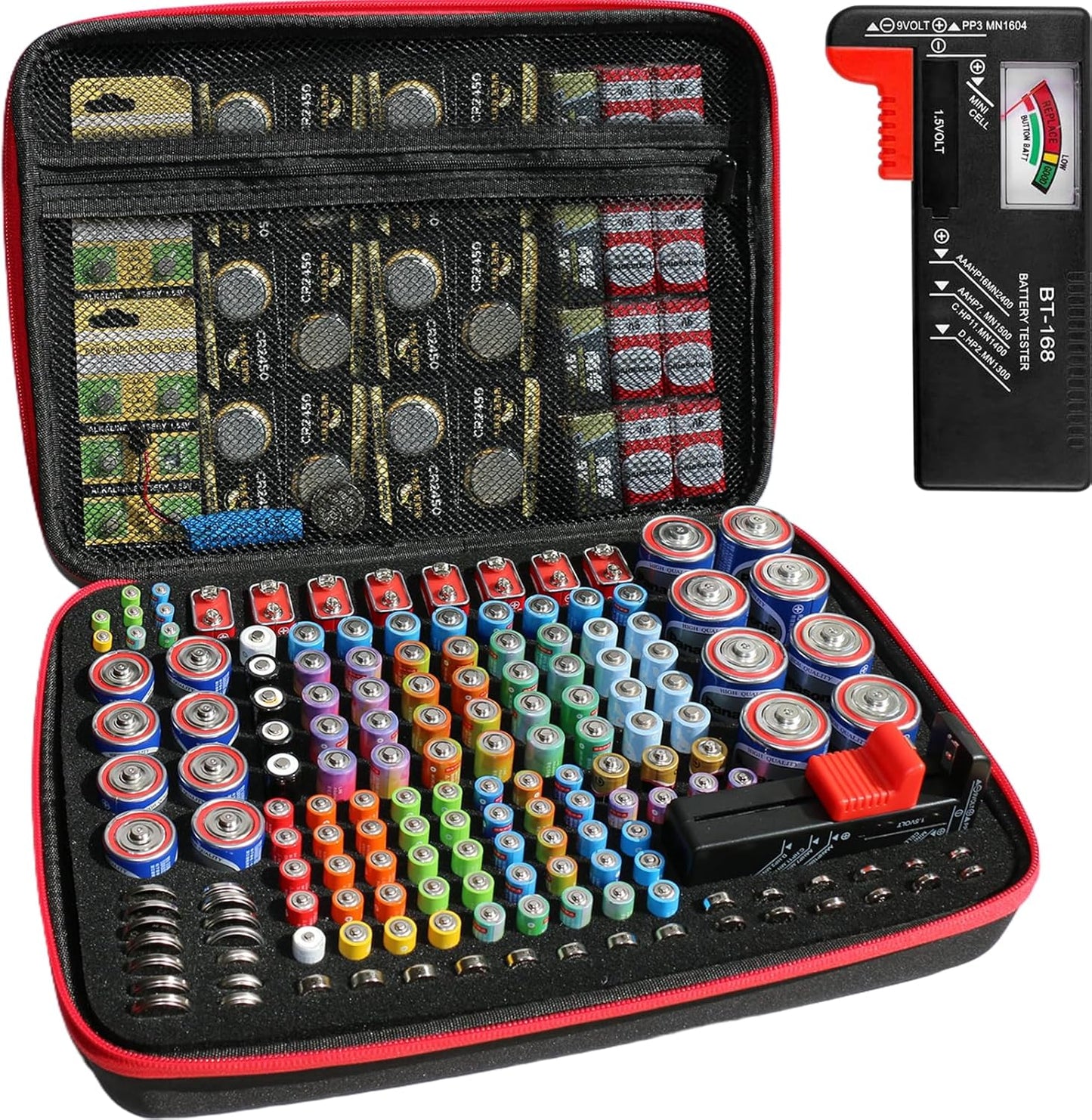 Battery Organizer with BT-168 Tester, EVA Storage Case | 210+ AA AAA C D 9V Capacity, Fireproof Waterproof Explosionproof, Portable for Home Garage Travel, Case Only