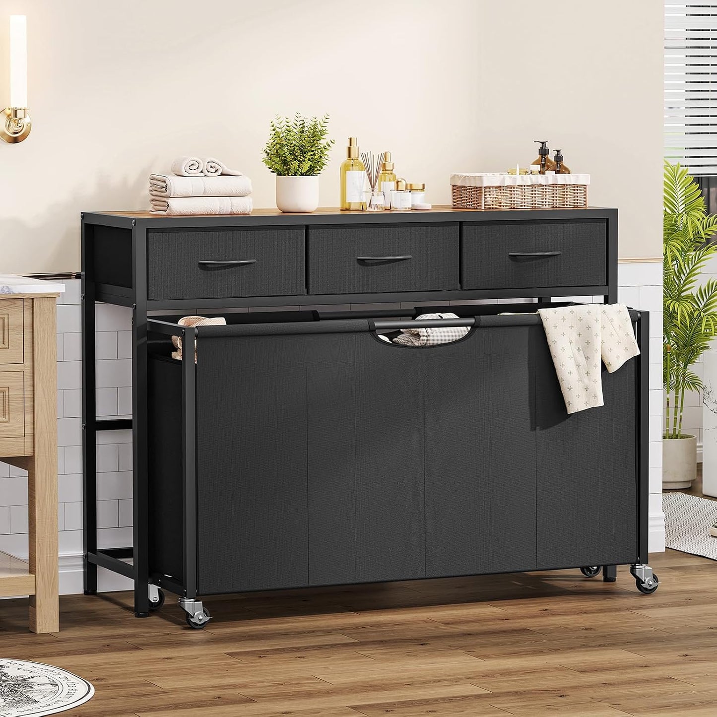 Laundry Sorter 3 Section, 120 L Laundry Hamper with 2 Drawers & 2-tone Top Panel, Rolling Laundry Basket Organizer with Pull-Out Removable Oxford Fabric Bags for Laundry Room Organization UNZYL006BVV3
