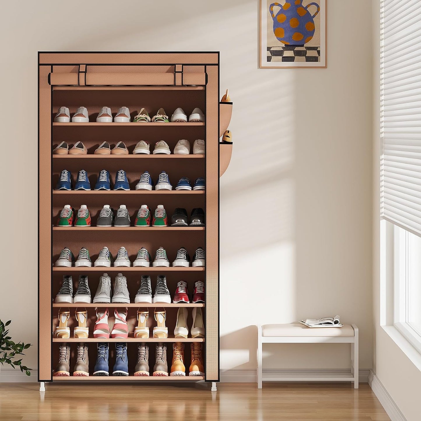 Laiensia 9-Tier Vertical Shoe Rack Organizer, Space Saving Shoe Storage Organizer, Non-Woven Cover Shoe Shelf Holds 36-45 Pairs for Bedroom, Hallway, Closet Entryway, Black