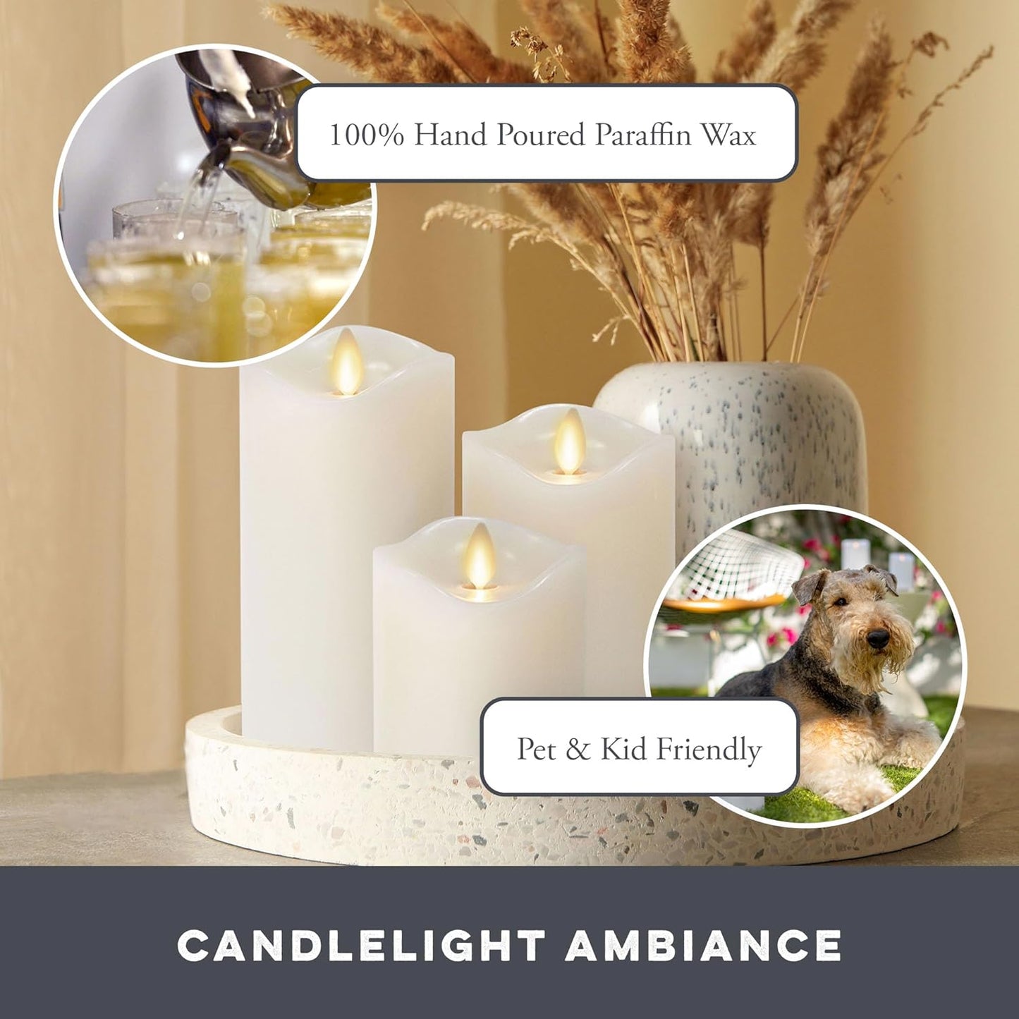 Matchless Candle Co. by Luminara Set of 3 Flameless LED Flickering Moving Flame Pillars (3" x 4.5", 5.5", 6.5"), Melted Unscented Real Wax Edge w/Smooth Finish, AA Battery Operated, Pearl Ivory