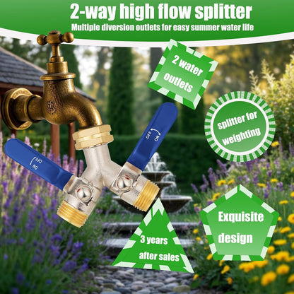 EJW Hose Splitter 2 Way, Garden Hose Splitters, 2 Way Faucet Splitter, Water Spigot Splitter, RV Brass Hose Splitter, Two way Hose Bib Splitter, Double Hose Connector, Hose Valve 3/4 Inch GHT Thread.