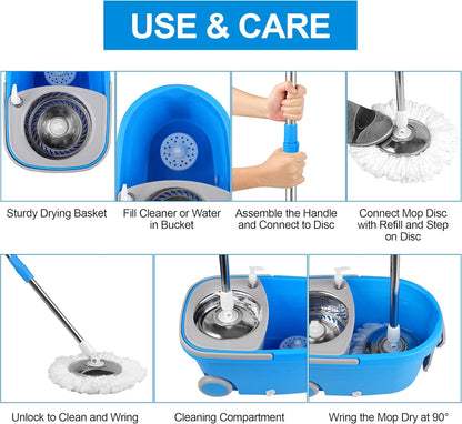 Mop Bucket with Wringer Set, Extended Stainless Steel Handle, 3 Microfiber Replacement Mop Head Refills, 2 Wheels for Household Cleaning, Hardwood Floor Tiles, Blue/Gray