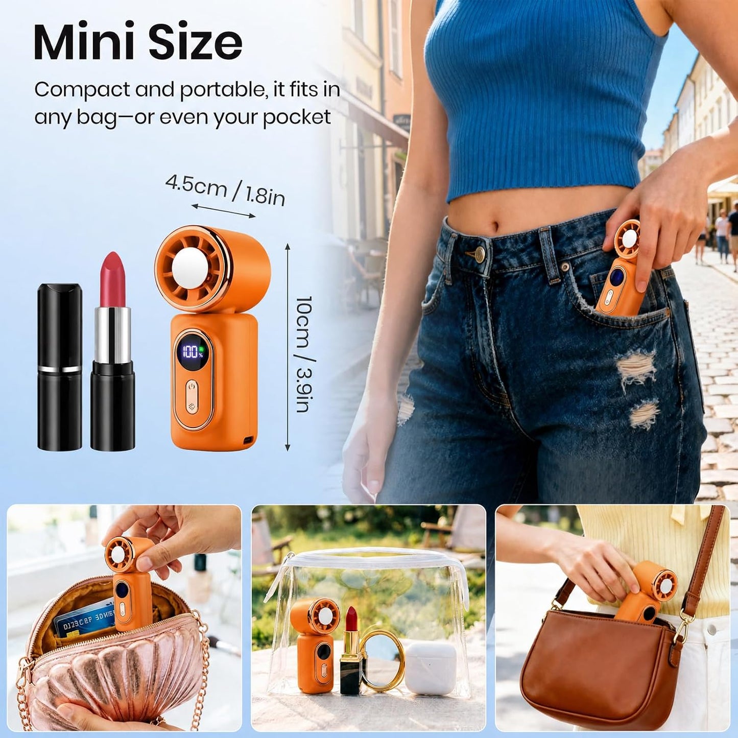 Clip-On Portable Fan with Ice Cooling, 5 Speeds Rechargeable Handheld Mini Fan with LED Display, 180° Portable Turbo Fan for Stroller, Eye Lash, Travel, Concert, Beach, Gifts for Women (White)