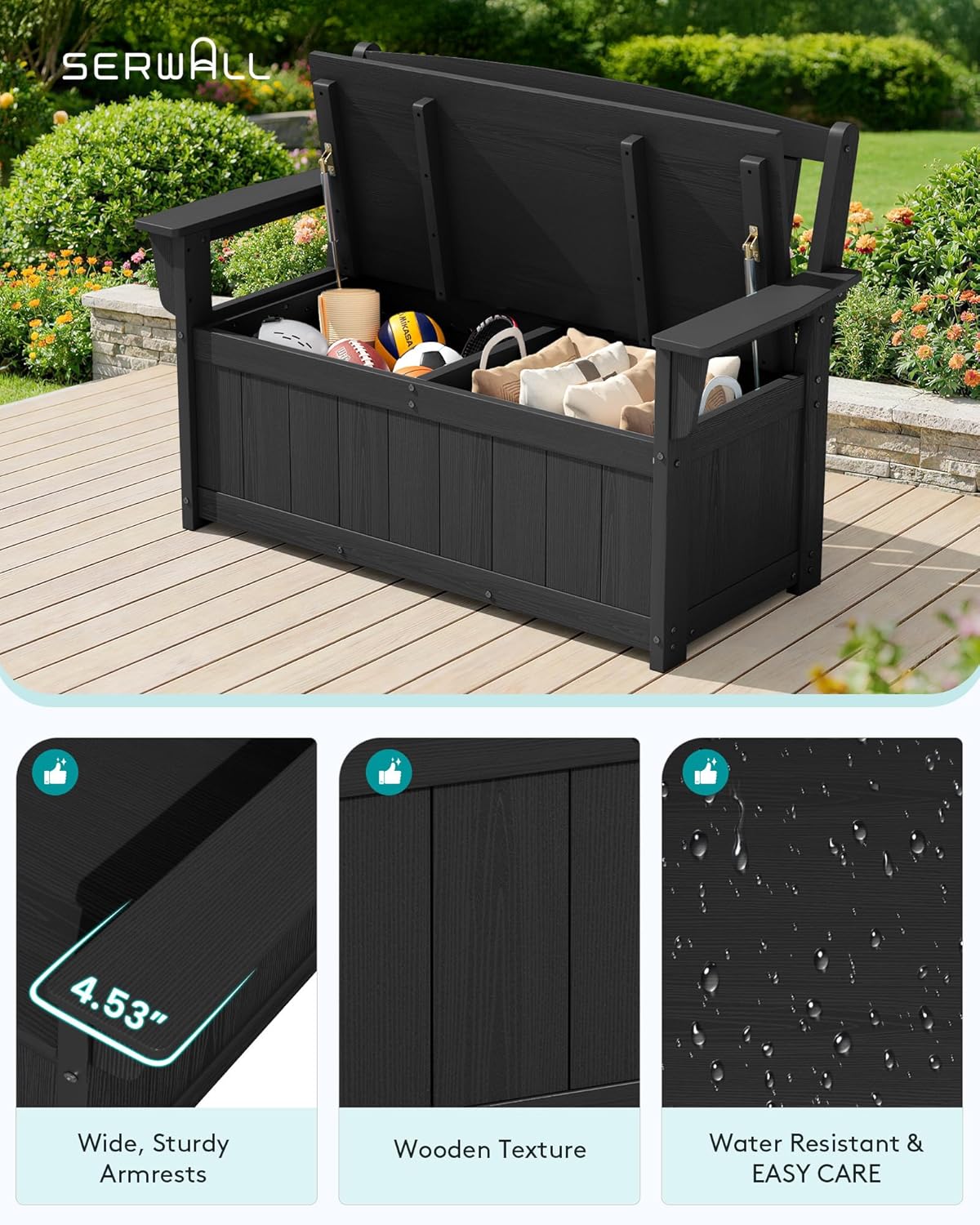 SERWALL HDPE Outdoor Storage Bench, Deck Box with Waterproof Storage Bags | All-Weather Benches | 57 Gallon Dual-Use Seat | Organizer Deck Boxes for Patio, Garden Tools & Pool | Dark Black