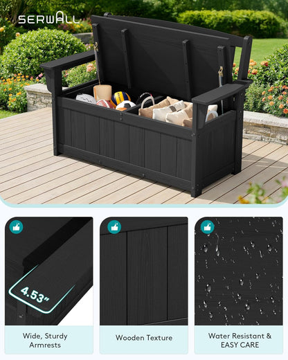 SERWALL HDPE Outdoor Storage Bench, Deck Box with Waterproof Storage Bags | All-Weather Benches | 57 Gallon Dual-Use Seat | Organizer Deck Boxes for Patio, Garden Tools & Pool | Dark Black