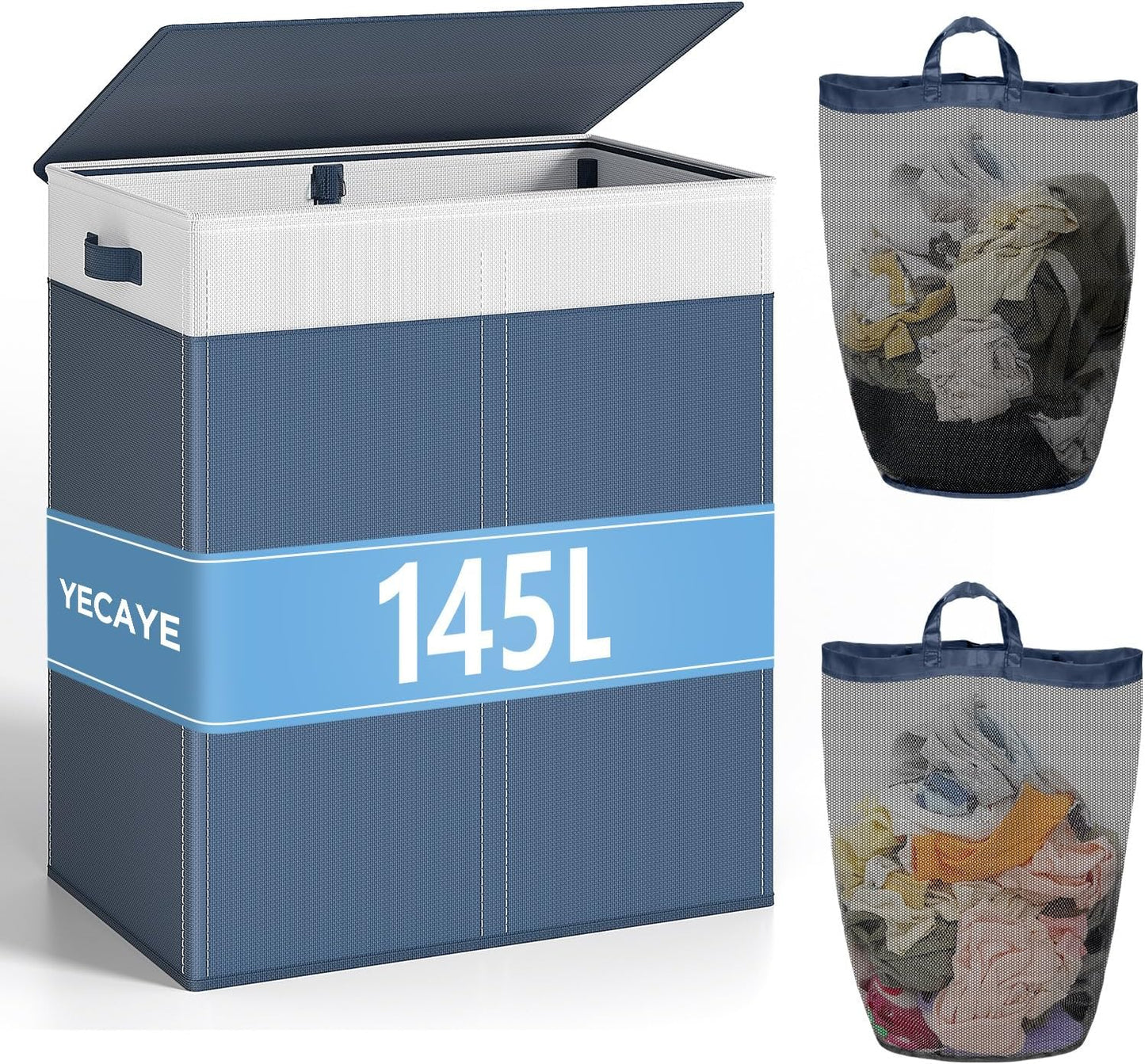 YECAYE 145L Double Laundry Hamper with Lid for Home, Dual Compartments hamper with Removable Bags, 2 Section Foldable Cloths Basket with lid, Double Cloths Basket with Color-Block Design