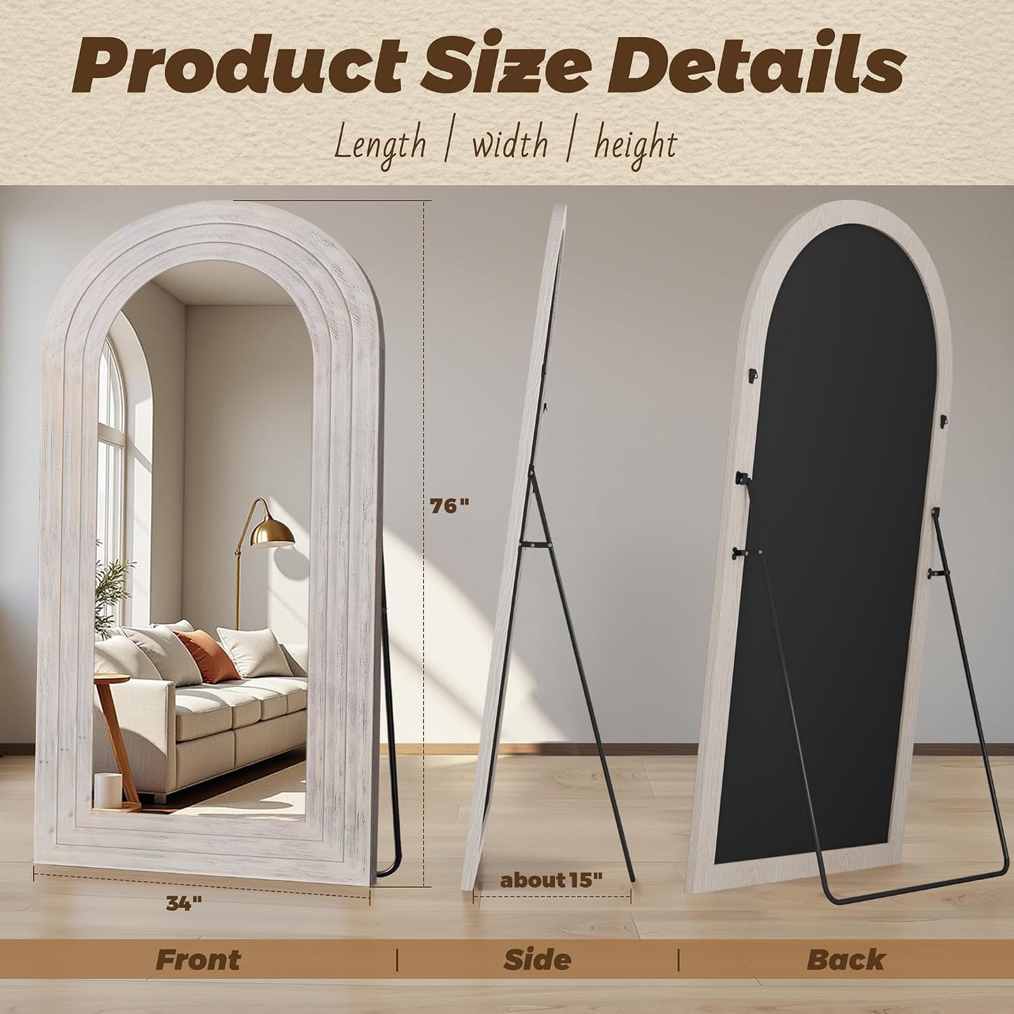 Antok Full Length Mirror with Solid Wood Frame, 71"×32" Wall Mounted Oversized Floor Mirror with Stand, Leaning Standing Hanging for Bedroom Living Room Entryway, Walnut, Arched Syle