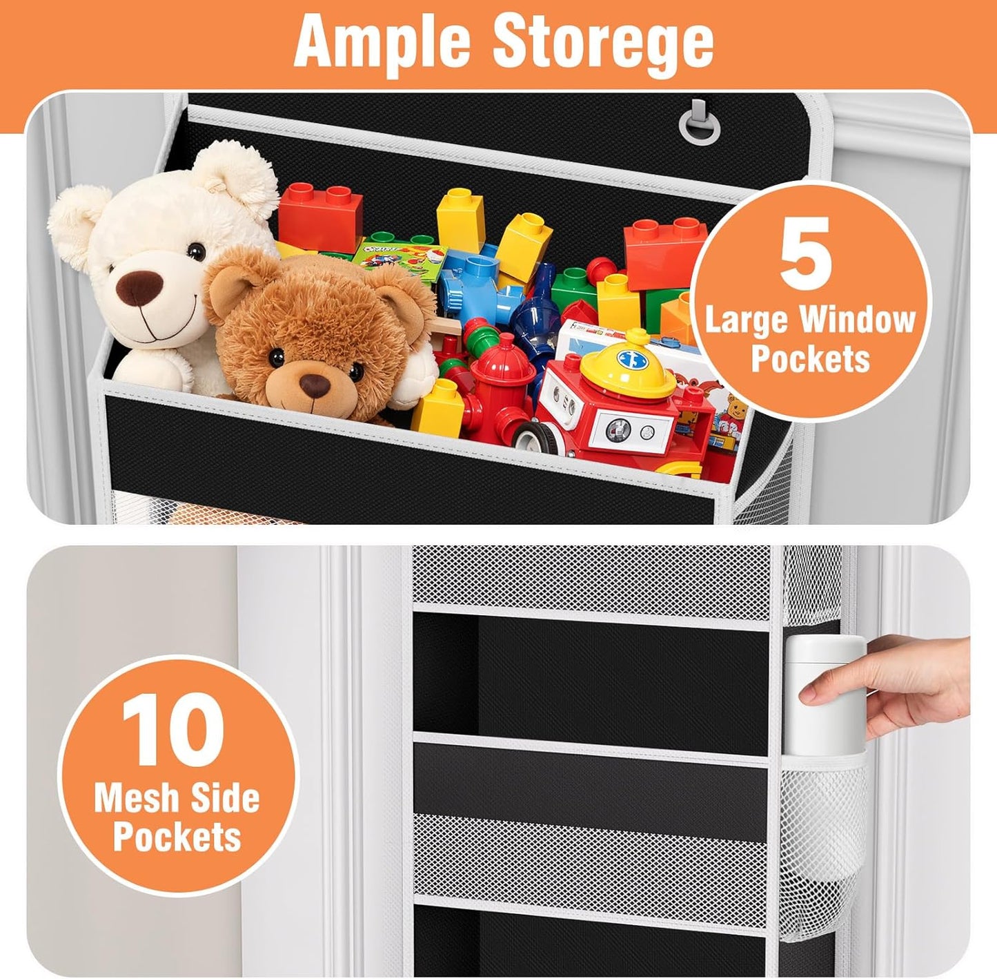 WISELIFE Over The Door Organizer Storage 4 Shelves Large Capacity Hanging Bedroom Storage Solution with 6 Side Pockets for Dorm Bathroom Pantry Nursery and Baby Essentials Holds up to 40 Lbs (Black)