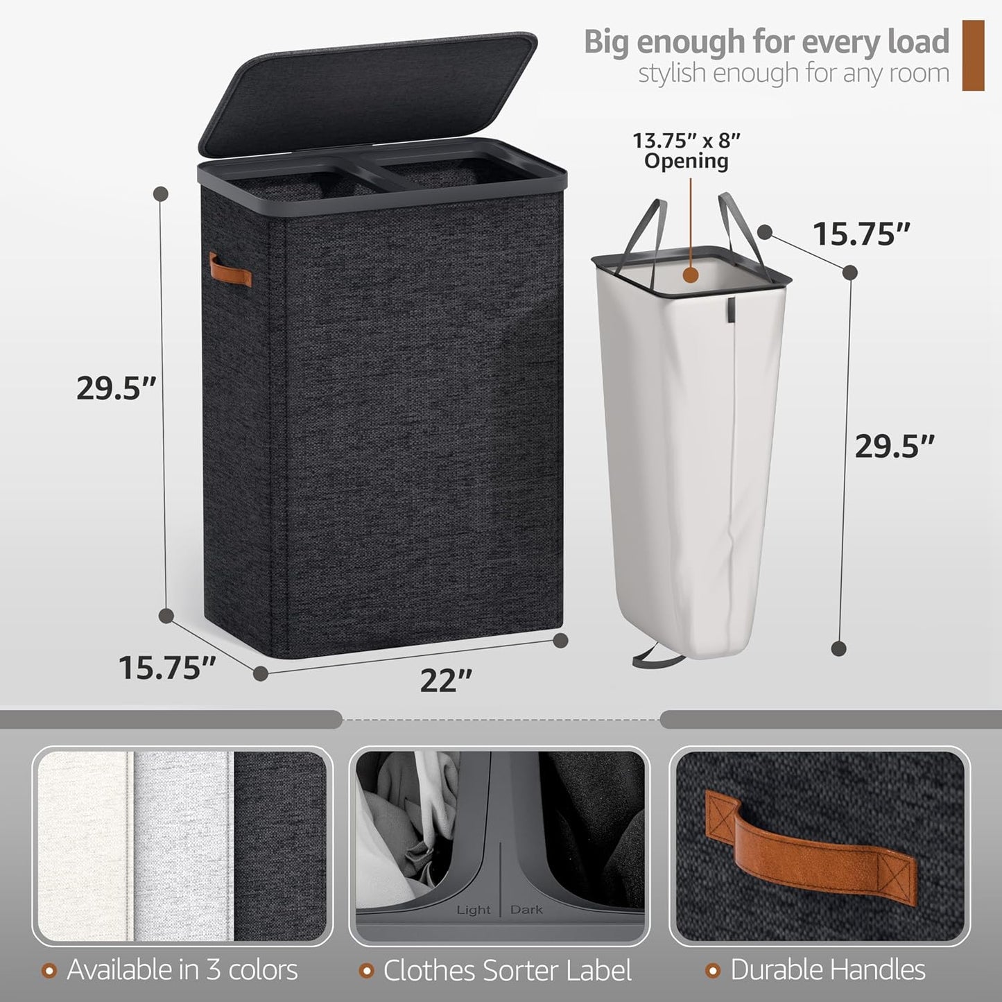 Sorbus Laundry Hamper with Lid - Collapsible 3-Compartment Fabric Laundry Basket with Handles and Removable Laundry Bag – 50 Gallon (190 L) Dirty Clothes Hamper for Bedroom, bathroom and dorm (Beige)