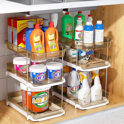 Delamu 2 Sets of 3-Tier Bathroom Under Sink Organizers and Storage, Multi-Purpose Stackable Pantry Organization and Storage, Pull Out Clear Kitchen Bathroom Cabinet Organizer with Movable Dividers | Storage