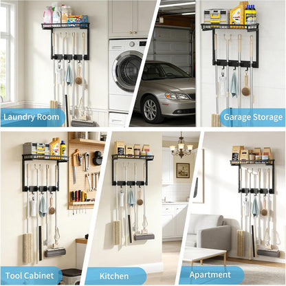 XLP Heavy Duty Broom Holder Wall Mount, All-Metal Cleaning Supplies Organizer & Mop Holder, Space Saving Wall Hanging Rack with Hooks for Home, Garage, Laundry Room - Black