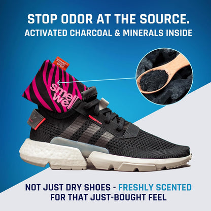 SmellWell - Scented Shoe Deodorizer Inserts - Odor Eliminators - Activated Bamboo Charcoal + Minerals - Natural Fresheners for shoes, bags, gloves - 2 x 1.8oz Original Size - Black Zebra