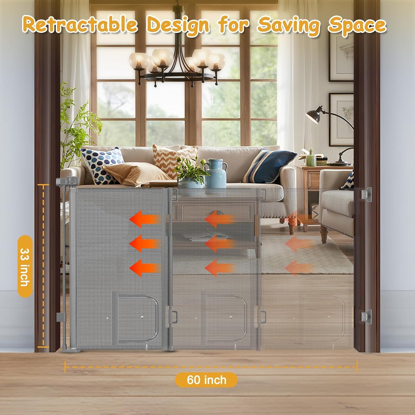 Reinforced 60” Wide Retractable Pet Gate with Cat Door Mesh Baby Gate for Stairs with Reinforced Strips Retractable Dog Gates with Cat Door Mesh Dog Gates for Doorways Separating Dogs from Cats, White