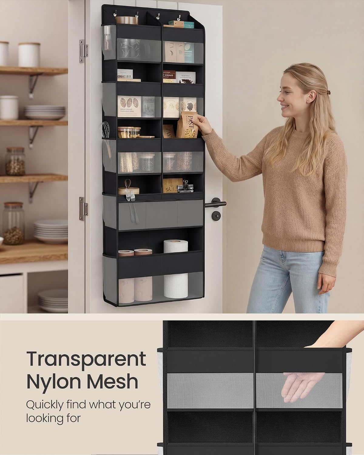 SONGMICS Over-the-Door Organizer, 9-Compartment Door Hanging Storage Shelf, Foldable Closet Hanging Organizer, Heavy-Duty, Metal Hooks, Transparent, Dove Gray URDH009GD01