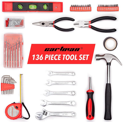 CARTMAN 136-Piece Household Tool Set, Home Repair Kit With Storage Case Box | Complete tool assortment for home repairs, office fixes, dorm needs, furniture setup, crafting, and everyday household fixes.