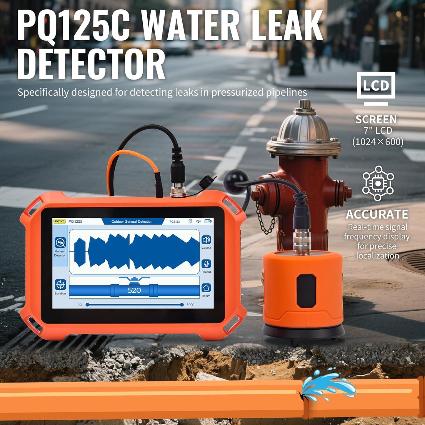 Underground Water Leak Detectors for Home PQ125A Wall Pipe Water Leakage Detection with Touchscreen Earphone and Carrying Case Multi Sensor Acoustic Pipeline Sound Intensifier