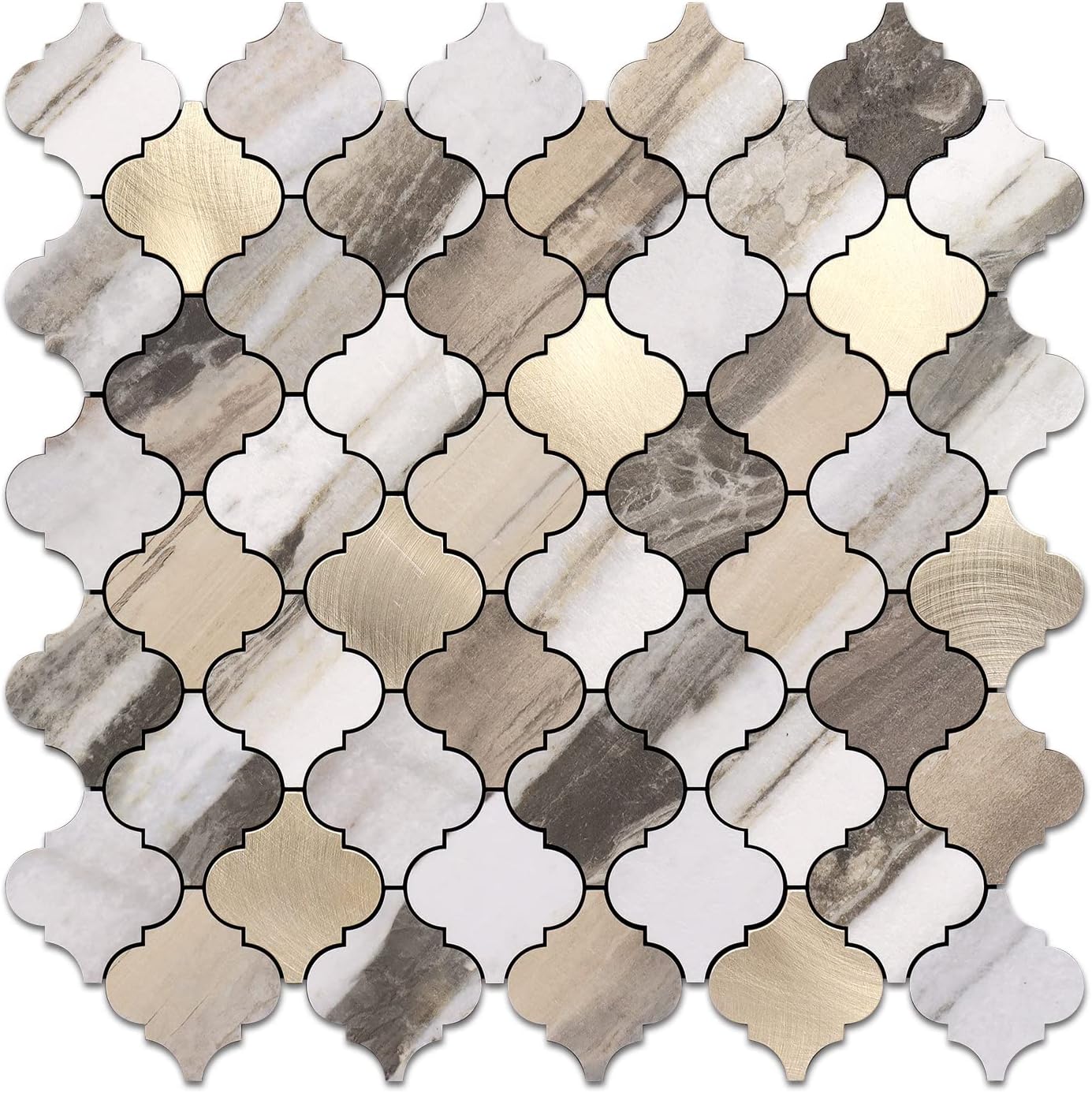 STICKGOO Arabesque Peel and Stick Backsplash Tile, Stick on Backsplash for Kitchen and Bathroom, Beige Marble Look PVC Mixed Metal Aluminum Mosaic Tiles (10 Sheets)