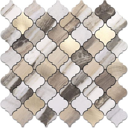 STICKGOO Arabesque Peel and Stick Backsplash Tile, Stick on Backsplash for Kitchen and Bathroom, Beige Marble Look PVC Mixed Metal Aluminum Mosaic Tiles (10 Sheets)