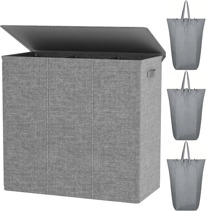 WOWLIVE 180L Laundry Hamper with Lid 3 Section,Large Laundry Basket with Removable Bags and Handles,Collapsible Dirty Clothes Hampers for Laundry,Laundry Basket Organizer for Laundry Room,Dorm,Beige