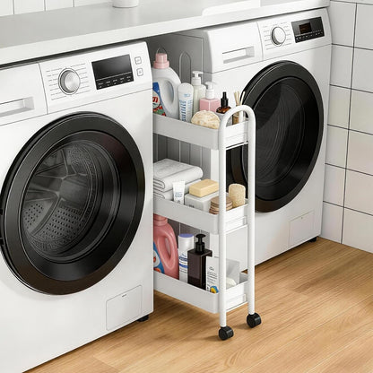 Slim Rolling Cart, Metal Frame Utility Rolling 3-Tier Narrow Storage Cart with Handle Kitchen Storage Organizer, Mobile Shelving Unit for Bathroom Kitchen