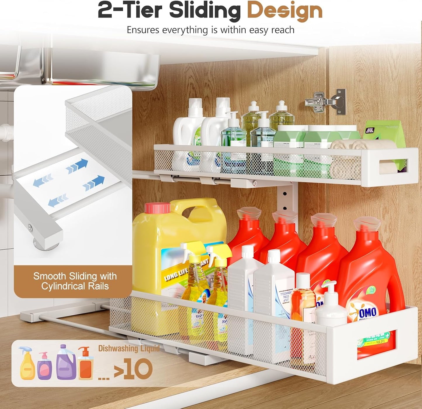 2-Pack Under Sink Storage Organizer, Large 2-Tier Elegant Mesh Pull Out Shelf for Kitchen and Bathroom Cabinet Organization, L-Shaped and Adjustable Height Design,Patent Pending-Black
