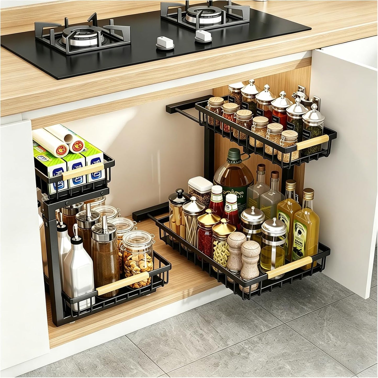 2 Pack Under Sink Organizer, 3-Tier Pull Out Kitchen Cabinet Organizer with 5 Adjustable Heights Metal Slide Out Bathroom Storage Makeup Drawer Rack for Bedroom Office Pantry Home Organization, White