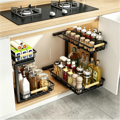 2 Pack Under Sink Organizer, 3-Tier Pull Out Kitchen Cabinet Organizer with 5 Adjustable Heights Metal Slide Out Bathroom Storage Makeup Drawer Rack for Bedroom Office Pantry Home Organization, White