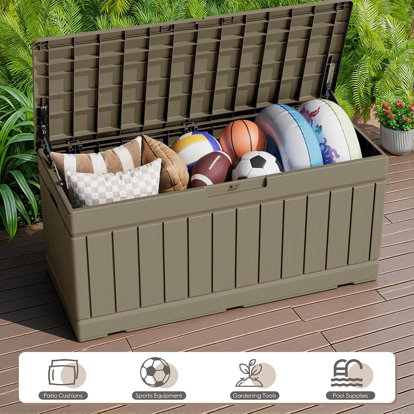 JUMMICO 31 Gallon Resin Deck Box Waterproof Indoor Outdoor Storage Boxes for Patio Furniture Cushions and Garden Tools (Brown)