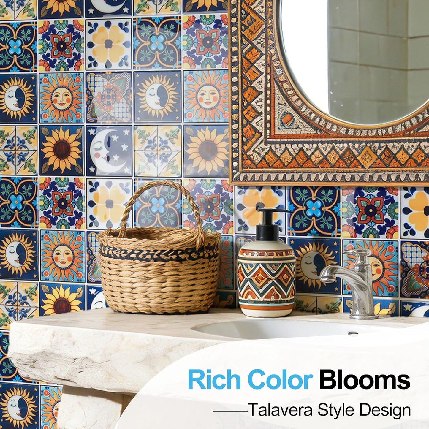 Art3d Talavera Hand-painted Waterproof Peel and Stick Backsplash Tile for Kitchen & Living Room, Sun & Moon Floral Design - 10-Pack of 12 x 12 Inch