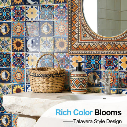 Art3d Talavera Hand-painted Waterproof Peel and Stick Backsplash Tile for Kitchen & Living Room, Sun & Moon Floral Design - 10-Pack of 12 x 12 Inch