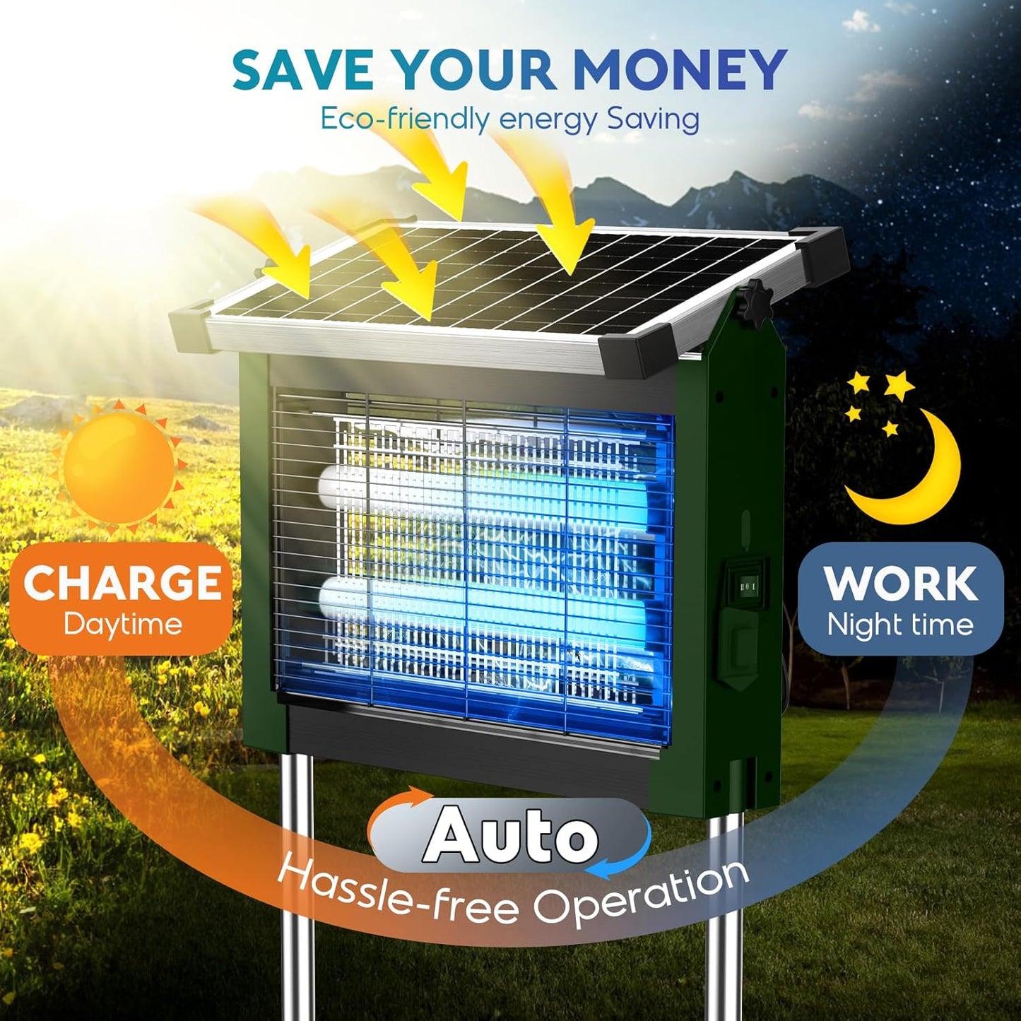 Solar Bug Zapper Outdoor, PhatroyYee Mosquito Zapper 4500V, Waterproof Portable Fly Zapper, Rechargeable Electric Mosquito Killer, Cordless Fly Insect Mosquitos Trap for Patio Yard Home Garden Camping