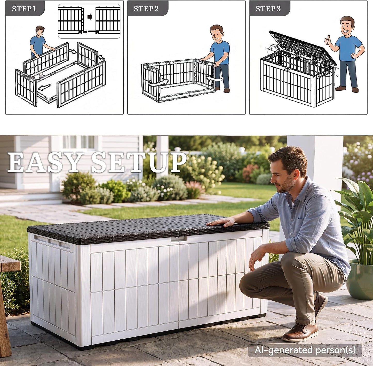YITAHOME 134 Gallon Large Deck Box | Waterproof Resin Outdoor Storage Box with Lock, Doubles as 2-Person Bench Seating for Patio Furniture Cushions,Garden Tools &