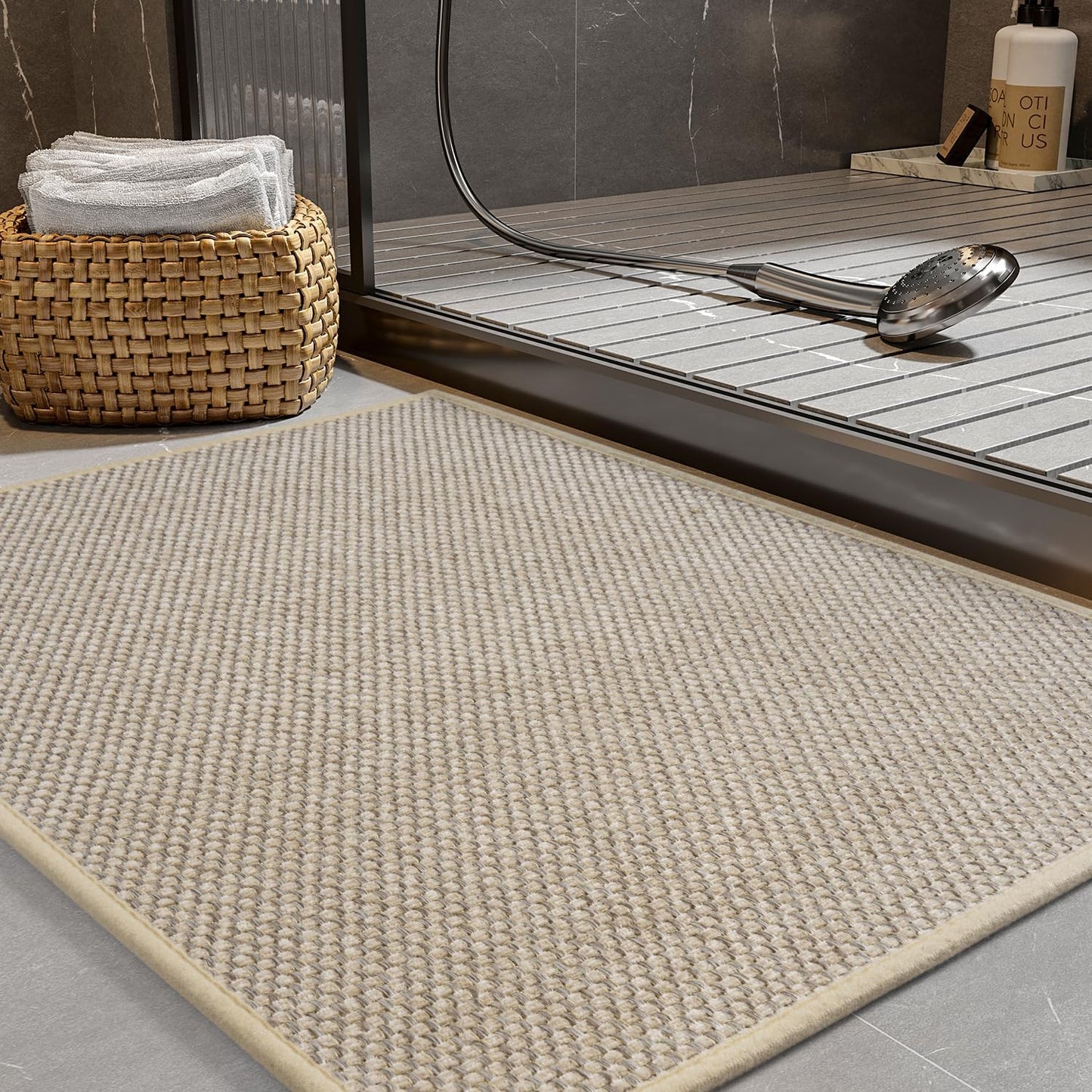 PADOOR Non-Slip Bath Mat With Rubber-Backing, Braided Absorbent Machine Washable Thin Rug for Bathroom Floor, Quick Dry, Fits Under Door, 17''x24'' Beige