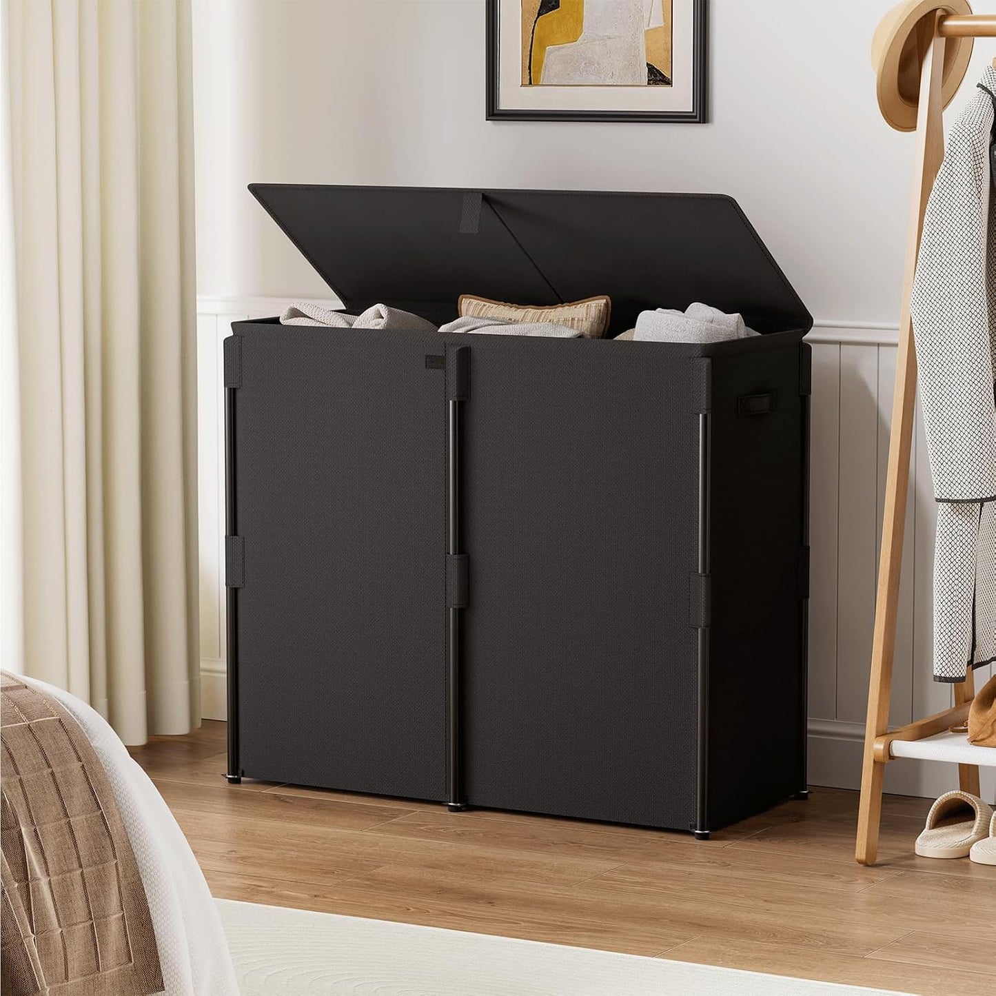 WOWLIVE 180L Laundry Hamper with Lid 3 Section, Large Laundry Basket with Removable Bags, Heavy Duty Metal Frame Dirty Clothes Hampers for Laundry, Laundry Basket Organizer for Laundry Room,Dorm,Black