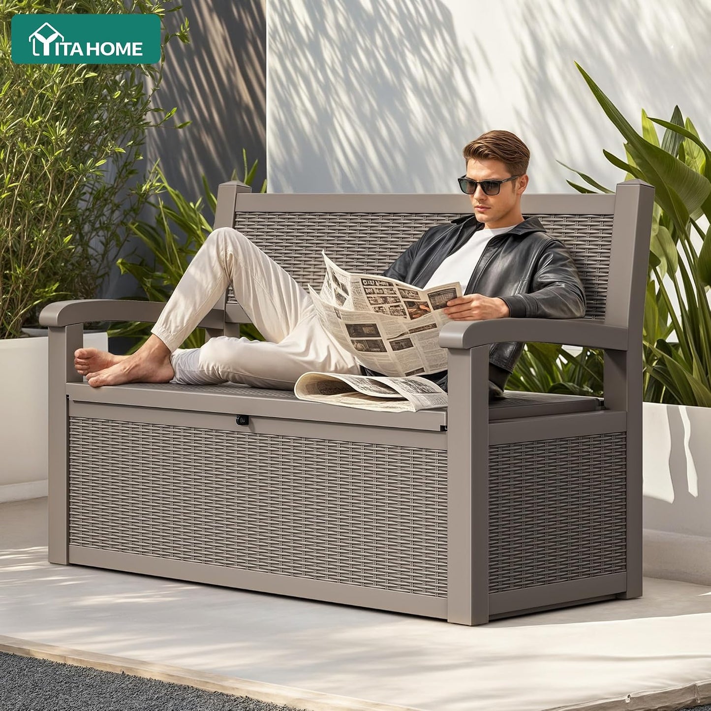 YITAHOME 100 Gallon Large Outdoor Deck Box | Waterproof Resin Storage Box, Lockable Indoor Outdoor Storage Container for Patio Furniture Cushions, Pool Accessories