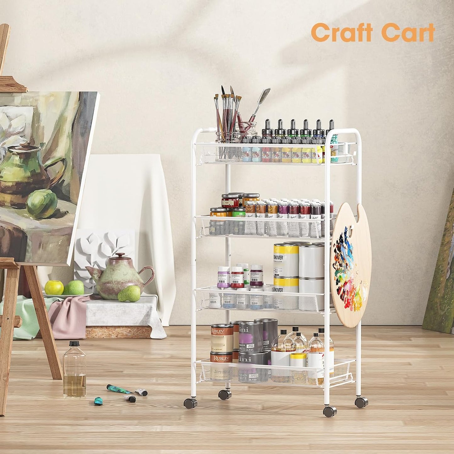 TOOLF 3-Tier Metal Rolling Cart, Mesh Wire Easy Assemble Utility Cart, Storage Trolley on Wheels with 3 Hooks, MetalStorage Shelving Units for Kitchen Bathroom Laundry Room