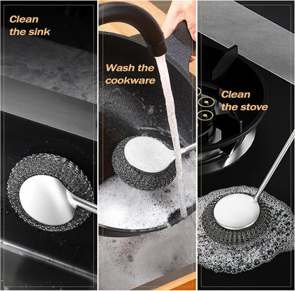Heavy Duty Stainless Steel Scrubber Set - Long & Short Handle with 5 Steel Wool Pads, Cast Iron & Pot Scrubber for Dishes, Pans, Grills, Stoves
