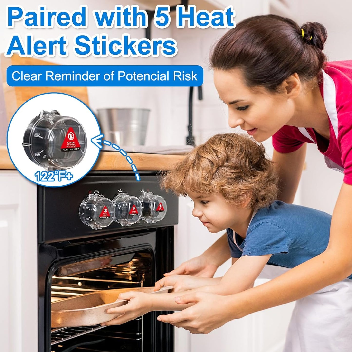 Stove Knob Covers for Child Safety – 5-Pack Heat-Resistant Oven Lock Knob Protectors with Heat Alert Stickers, Baby and Pets Proofing Stove Knob Guards for Gas & Electric Stoves
