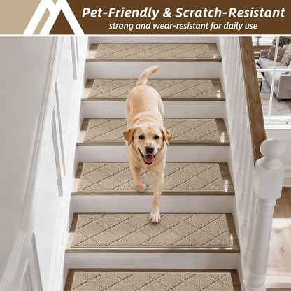 COSY HOMEER Edging Stair Treads Non-Slip Carpet Mat 28inX9in Indoor Stair Runners for Wooden Steps, Edging Stair Rugs for Kids and Dogs, 100% Polyester TPE Backing(4pc, Beige)