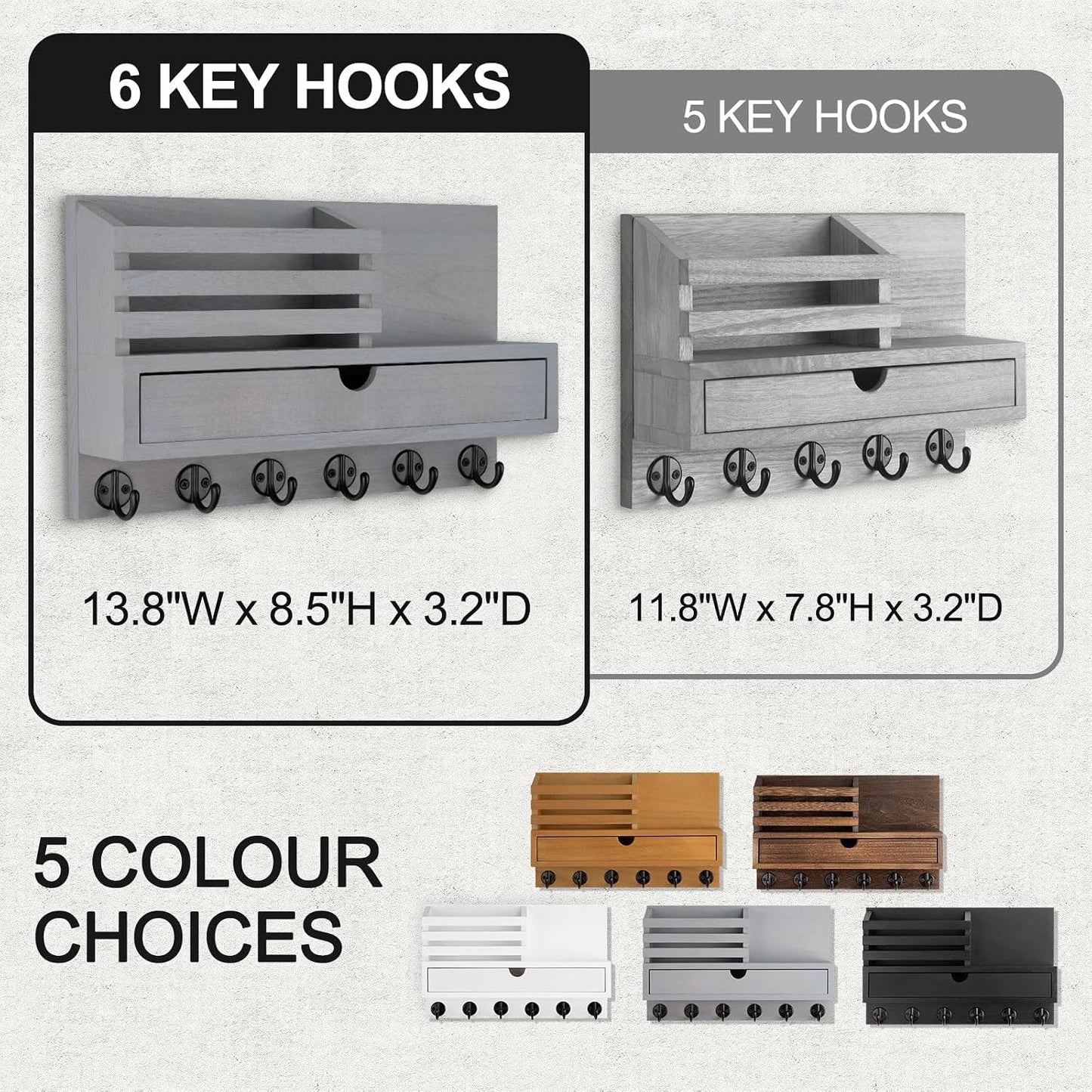 Key Holder Wall Mount, Mail Holder with Storage Drawer and 5 Key Hooks for Coat, Dog Leash, Home Decor Rack, House Accessories, Entry Way Organizer