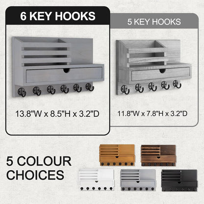 Key Holder Wall Mount, Mail Holder with Storage Drawer and 5 Key Hooks for Coat, Dog Leash, Home Decor Rack, House Accessories, Entry Way Organizer