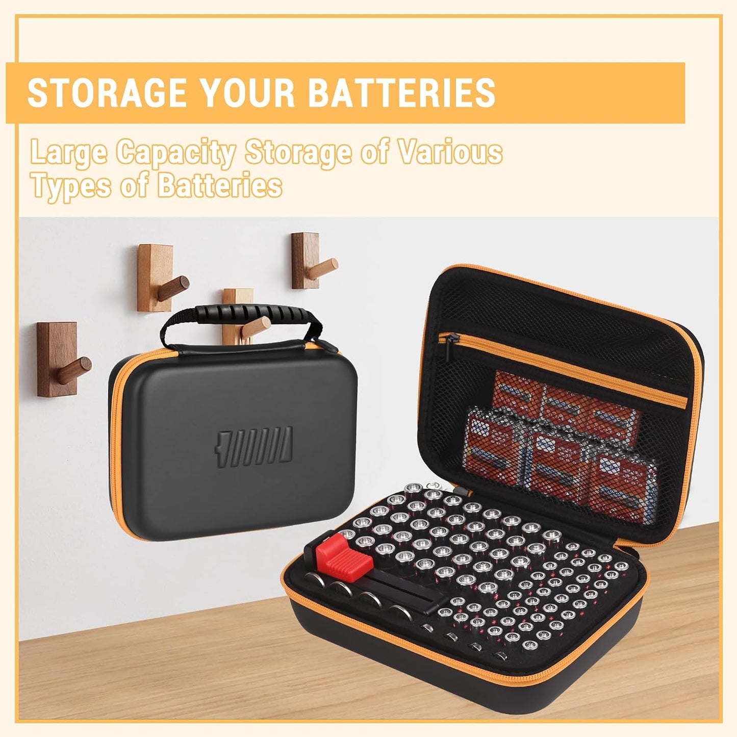 Battery Organizer Storage Case with Tester for AA AAA Button Battery Holder Carrying 3 Batteries Variety Pack 88 Batteries Zipper Mesh Bag (Batteries Not Included) (black-green)