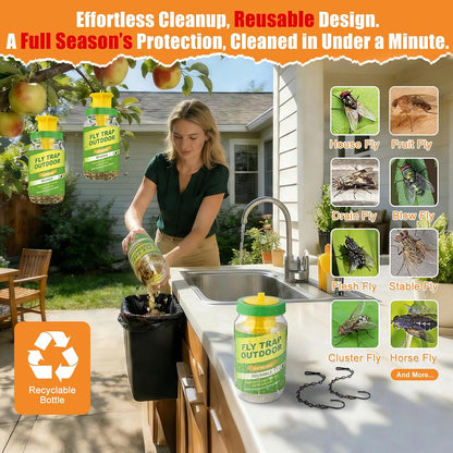 3 Pack Fly Traps Outdoor with 6 Natural Bait Refills | Reusable Hanging Fly Catcher for Patio, Garden, Orchard, Yard, Ranch and Horse Farm