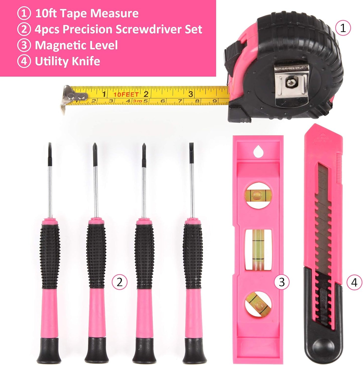 CARTMAN 52-Piece Pink Hand Tool Set, Home Repair Kit With Round Carry Pouch | Compact pink hand tool assortment for home repairs, DIY projects, apartment fixes, office needs, and everyday tasks in pouch.