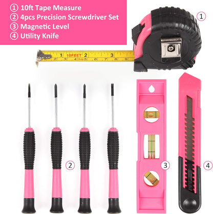 CARTMAN 52-Piece Pink Hand Tool Set, Home Repair Kit With Round Carry Pouch | Compact pink hand tool assortment for home repairs, DIY projects, apartment fixes, office needs, and everyday tasks in pouch.