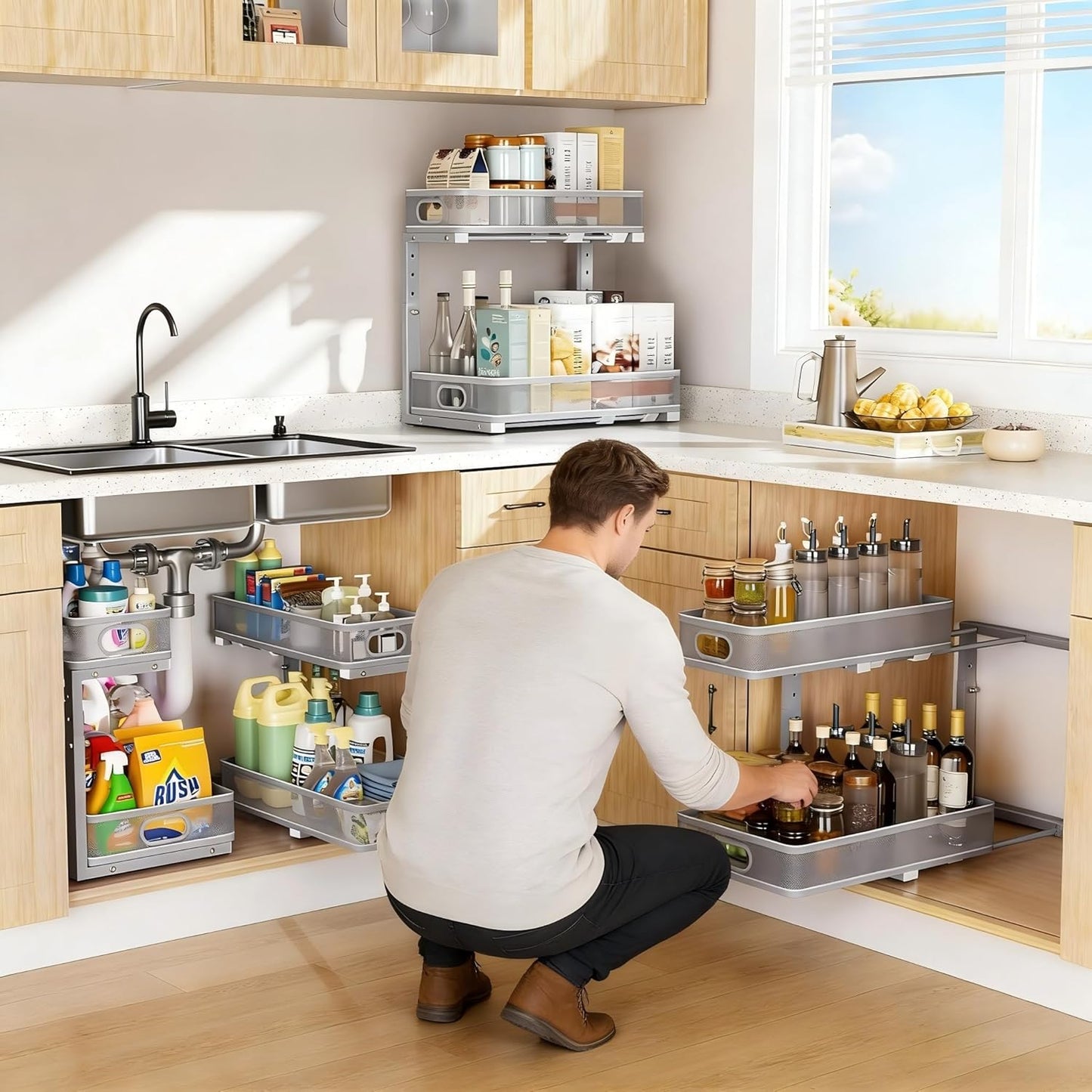 Under Sink Organizer 2 Pack, High Adjustable 2 Tier Under Sink Organizers and Storage, Slide out Metal Cabinet Organizers, Pull out Storage Drawer Shelf for Kitchen Bathroom Cabinet (Black-1pack)